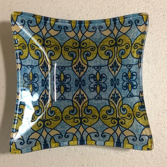 Prima Pretty Painted Square Glass Dish Blue Lime Green Design - Picture 5 of 7